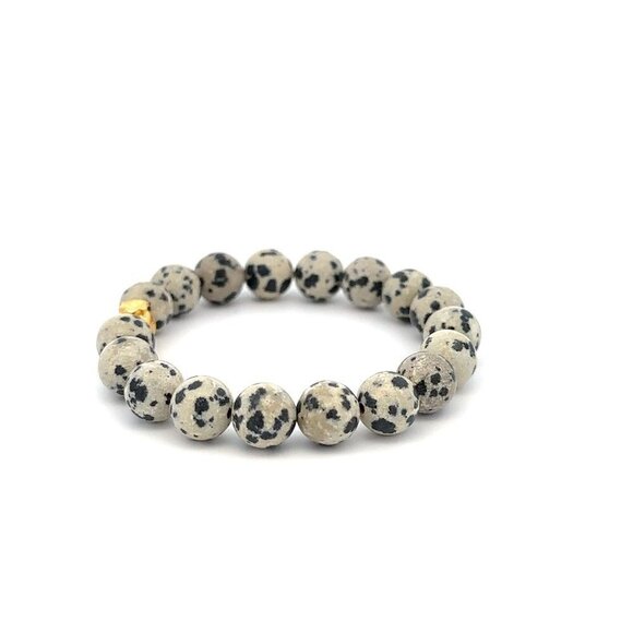 Natural Dalmatian Jasper Gemstones 8mm 24k Gold Money Bag Charm Stretch Bracelet - Picture 4 of 4